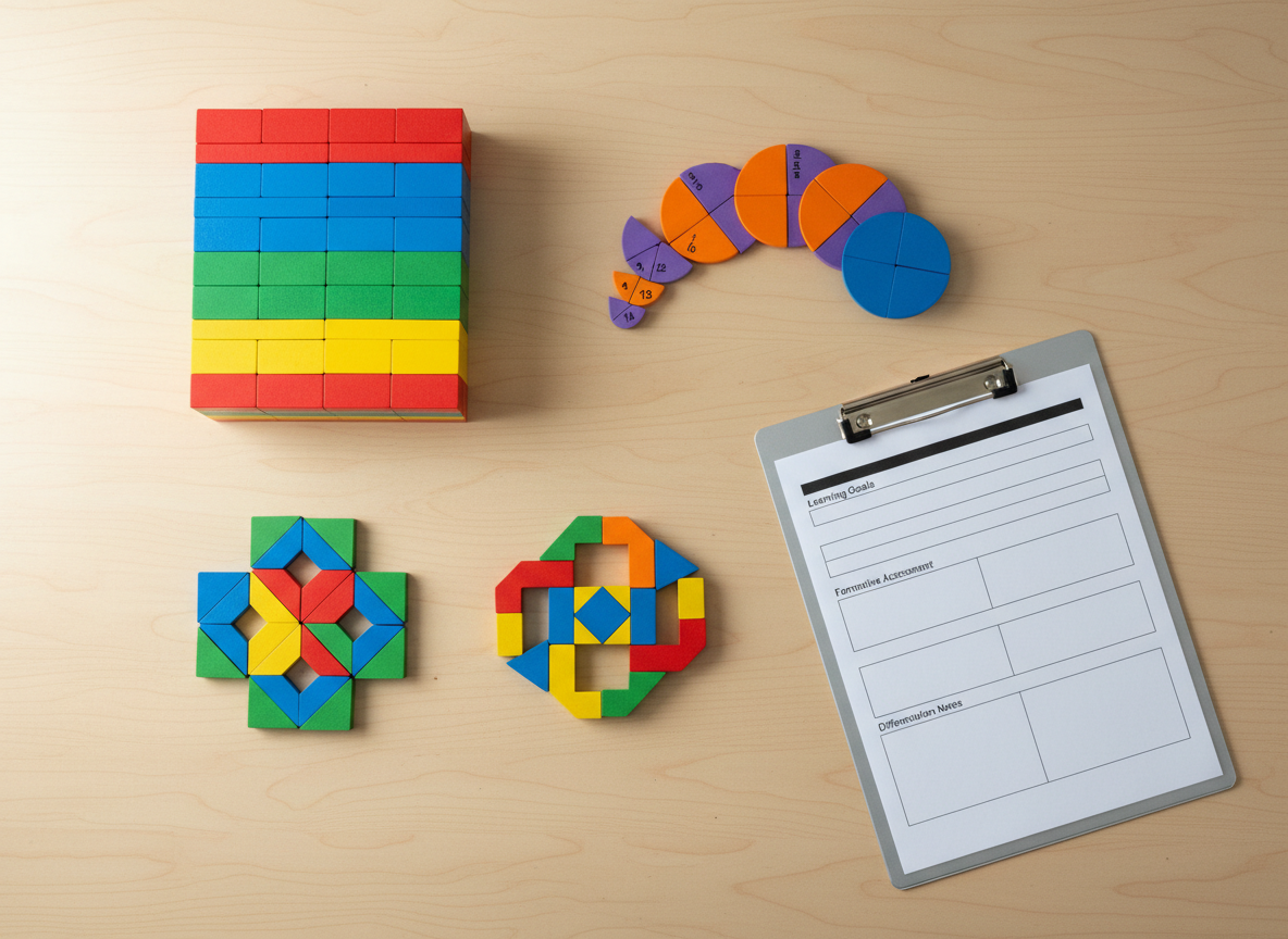 A neatly arranged set of hands-on K–8 math manipulatives displayed on a smooth, light-wood tabletop, photographed from directly above. Colorful base-ten blocks form a precise rectangle, fraction circles are aligned in ascending order, and pattern blocks create symmetrical designs suggesting deeper mathematical structure. Beside them, a clipboard holds a printed lesson plan template with visible sections for learning goals, formative assessment, and differentiation notes. Soft, indirect daylight washes evenly across the surface, emphasizing textures and colors without harsh shadows. The background remains uncluttered and bright, reinforcing a clean, modern, photographic realism. The composition uses the rule of thirds to balance objects, creating an atmosphere of clarity, intentional planning, and concrete support for elementary and middle school math instruction.