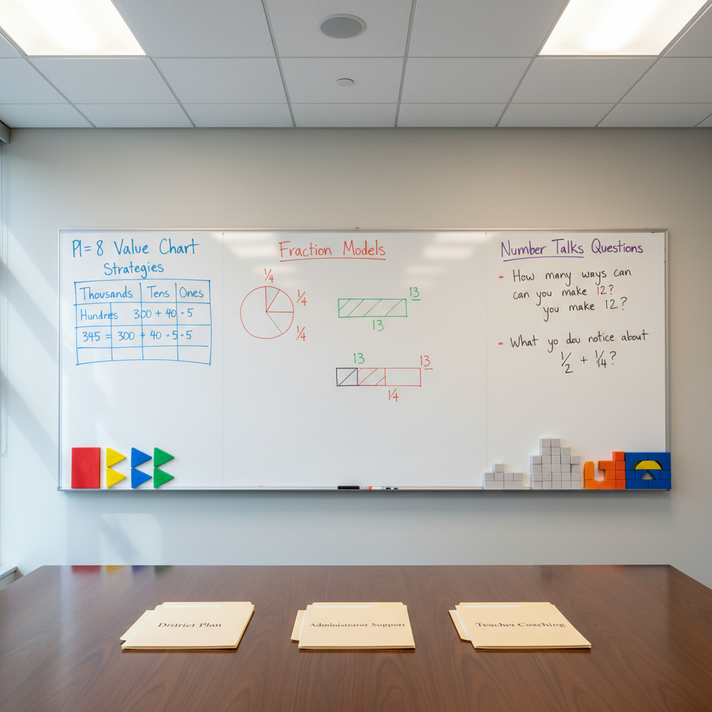 A large, pristine whiteboard in a modern conference room, filled with neatly written K–8 math strategies in different colored markers: place value charts, fraction models, and number talks questions. Magnetic fraction tiles and base-ten blocks are arranged with deliberate precision along the lower edge. On the sleek conference table below, there are organized folders labeled “District Plan,” “Administrator Support,” and “Teacher Coaching.” Cool, even overhead lighting and soft natural window light combine to create a clear, well-lit scene with crisp details and subtle reflections on the table surface. Shot at eye level with sharp focus throughout, the photographic image feels professional, collaborative, and solutions-oriented, ideal for representing structured mathematics consulting work.