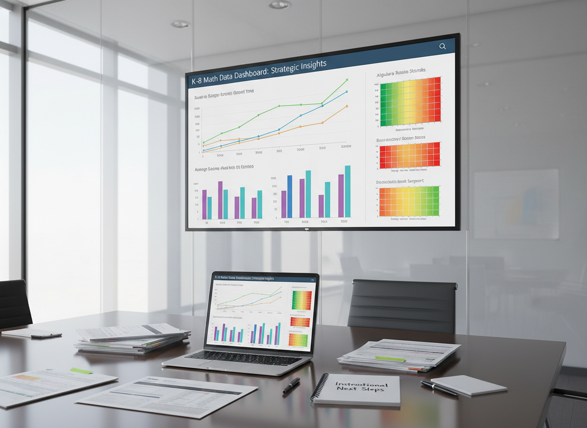 A large digital display mounted in a sleek, glass-walled meeting room shows a detailed K–8 math data dashboard: color-coded line graphs of student growth, bar charts comparing grade levels, and a heatmap highlighting areas for targeted support. On the polished table below, a slim laptop mirrors the same dashboard, surrounded by tidy stacks of printed data reports and a notebook labeled “Instructional Next Steps.” Natural daylight pours through the glass, adding soft reflections on the screen and table while maintaining legible chart details. The camera is positioned at a slight angle to capture both screen and workspace in crisp photographic realism. The mood is analytical yet optimistic, conveying strategic, data-informed mathematics consulting for schools and districts.